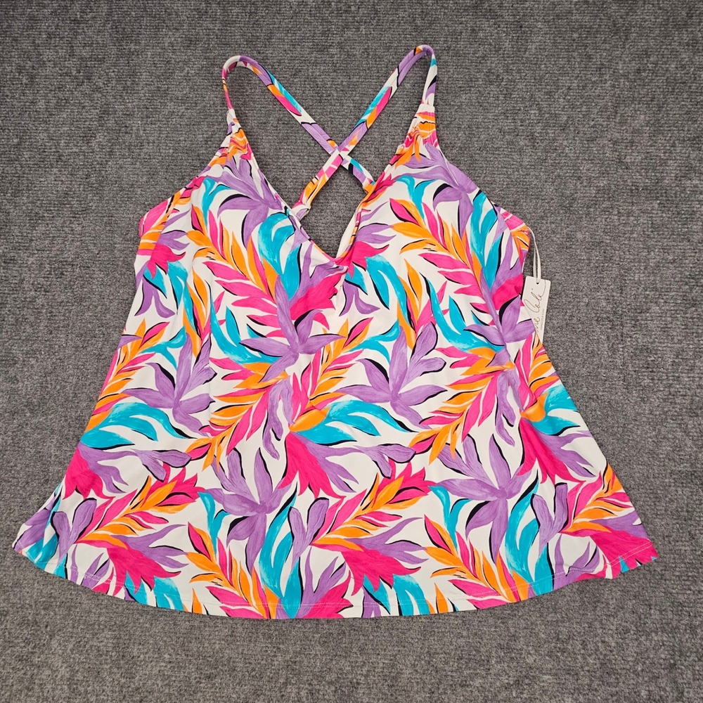 Anne Cole Tankini Swim Top Womens 20W White Floral Tropical V-Neck Beachwear NEW